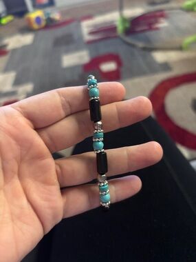 Turquoise & Black Beaded Stretch Bracelet - Women's Fashion Jewelry